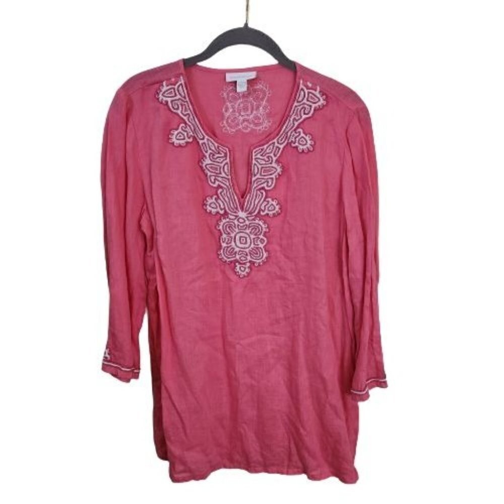 Charter Club Pink Linen Barbiecore Coastal Grandma Beaded Tunic Top Size L